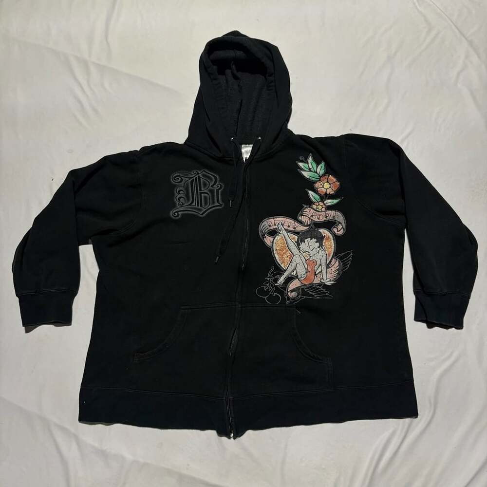 Vtg 2008 Betty Boop Tattoo Zip Up Hoodie Black Y2K Gothic Jerry Leigh Plus 4X